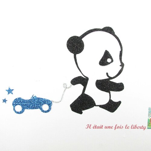 Appliqués thermocollants pailletés bébé panda et voiture en tissus pailletés bleu et noir patch à repasser 