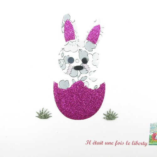 Appliqué thermocollant lapin &quot;coucou, c'est moi!&quot; en liberty betsy platine et flex pailleté patch à repasser lapin thermocollant lapin oeuf