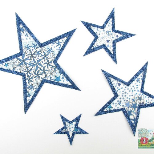Patch à repasser appliqués thermocollants liberty 4 étoiles bordées de tissu pailleté et liberty adelajda bleu, iron on liberty fabrics