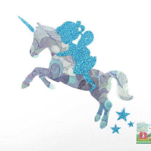 Appliqués thermocollants fée sur une licorne en liberty emerald bay et tissus pailleté patch à repasser applique fée liberty thermocollant