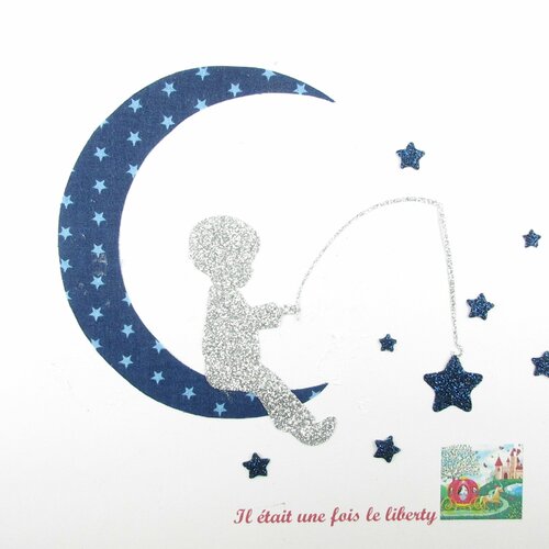 Appliqués thermocollants petit garçon qui pêche des étoiles sur 1 lune en tissu bleu marine étoilé flex pailletés patch à repasser écusson