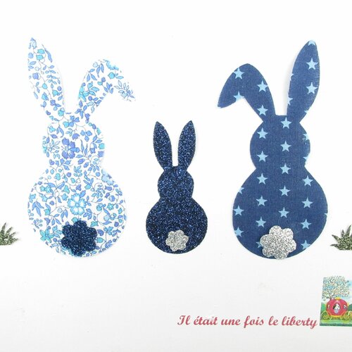Appliqués liberty lapins en thermocollants liberty katie and millie bleu flex pailletés thermocollant iron on appliques bunnies family