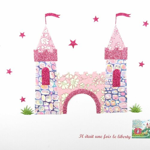 Appliqué thermocollant château de princesse en tissus liberty moris capel roses &amp; flex pailleté castle iron on liberty fabrics écusson patch