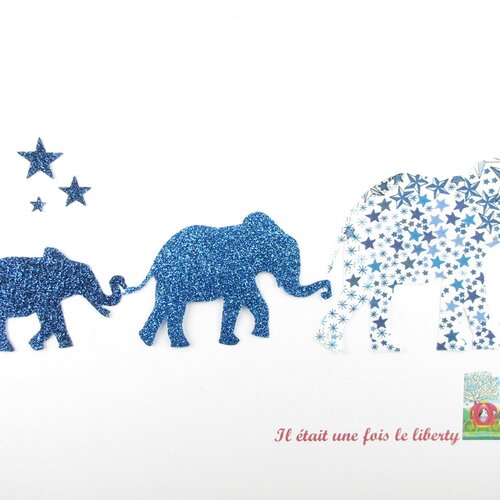 Appliqués thermocollants liberty famille eléphants adelajda bleu et tissus pailletés iro on elephants family applied fusing écusson patch