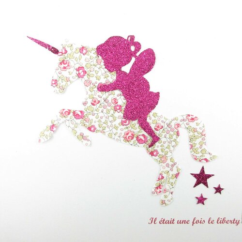 Appliqués thermocollants liberty fée sur une licorne en eloïse rose et tissu pailleté fuchsia patch à repasser iron on fairies