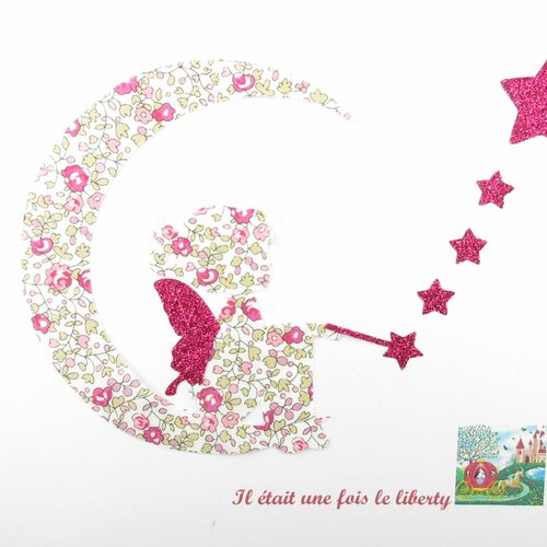 Appliqués thermocollants fée sur une lune en liberty fée eloïse rose, patch à repasser iron on fairies appliqué fée écusson
