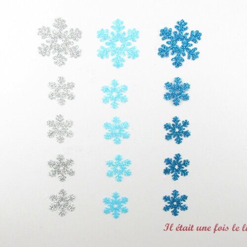Appliqués thermocollants flocons (15) en flex pailletés bleus et argent patch à repasser noel écusson paillette iron on snowflakes glitter