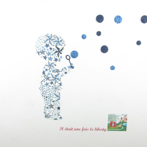 Appliqués thermocollants petit garçon qui fait des bulles tissu liberty adelajda bleu flex pailleté motif décoration chambre enfant patch