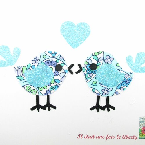 Appliqués thermocollants oiseaux amoureux tissu liberty aqua bell bleu flex pailleté motif à repasser appliques liverty patch écussons