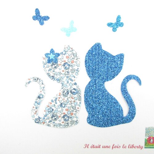 Appliqués thermocollants chats amoureux liberty eloïse bleu flex pailletés patch à repasser appliques liberty motif chat écussons