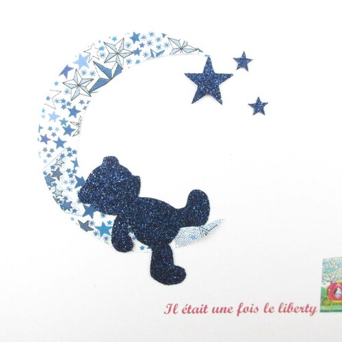 Appliqués thermocollants ours endormi lune étoiles tissu liberty adelajda bleu et flex pailleté