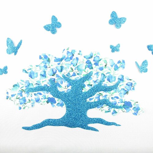 Appliqués thermocollants liberty arbre à papillons en tissu victoria virginia bleu + flex pailleté motifs thermocollants patchs à repasser
