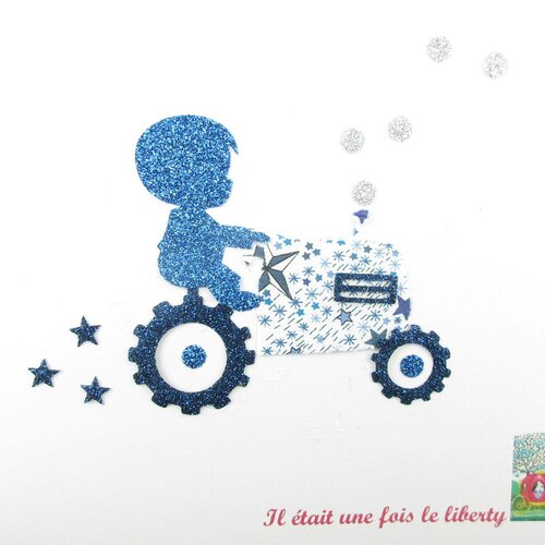 Appliqués thermocollants petit garçon &amp; tracteur liberty adelajda bleu flex pailleté patch à repasser motif thermocollant liberty sticker
