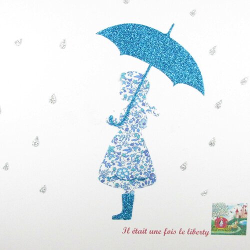 Appliqués thermocollants petite fille parapluie pluie tissu liberty katie and millie bleu flex pailleté patch à repasser motif fillette