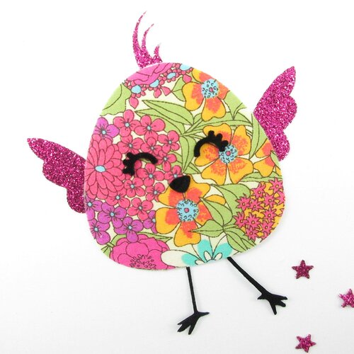 Appliqués thermocollants oiseau joyeux en liberty ciara fuchsia et tissu pailleté patch à repasser motifs thermocollants liberty oiseau