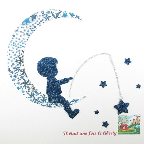 Appliqués thermocollants petit garçon sur lune la pêche aux étoiles liberty adelajda bleu flex pailleté patch à repasser boy star pattern