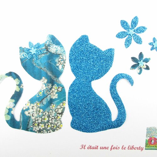 Appliqués thermocollants chats en liberty pamela judith bleu et flex pailleté appliques liberty motifs chats à repasser patch iron on cats