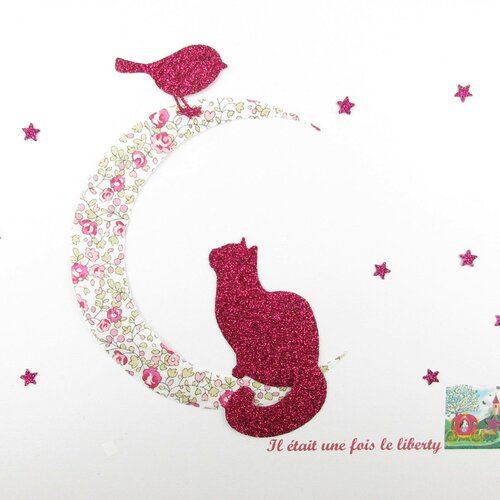 Patch à repasser chat écusson appliqués thermocollants chat et oiseau sur une lune liberty eloïse rose et flex pailleté motifs chat liberty