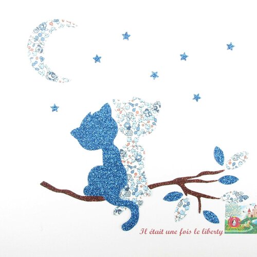 Appliqués thermocollants chats amoureux au clair de lune liberty eloïse bleu et flex pailleté patch à repasser motifs thermocollants liberty