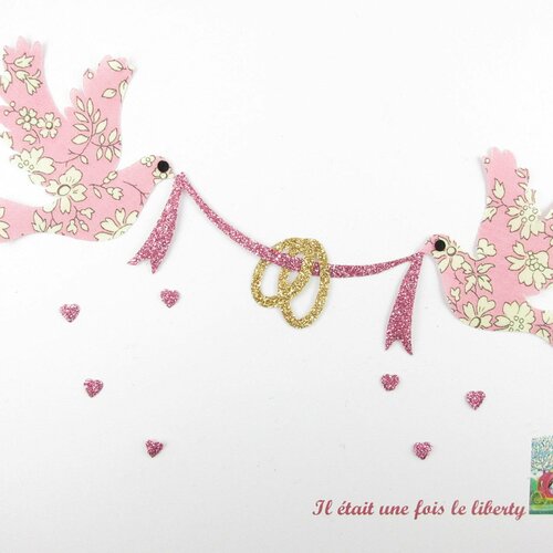 Appliqués thermocollants colombes et anneaux de mariage coussin de fiançailles en liberty capel rose et flex pailleté