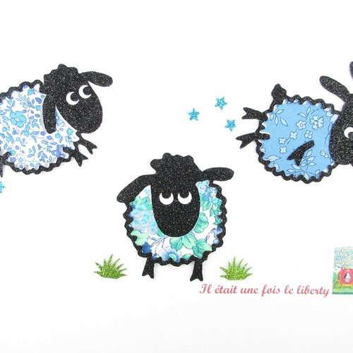 Appliqués thermocollants moutons &quot;qui veut jouer à saute-moutons ?&quot; en liberty capel, elysean, katie and millie bleus et flex pailletés
