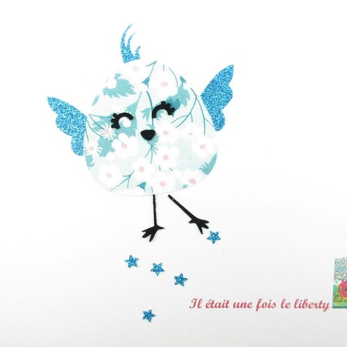 Appliqués thermocollants oiseau joyeux en liberty mitsi turquoise et flex pailleté patch à repasser appliques oiseau thermocollants liberty