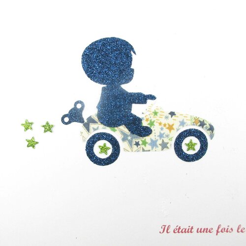 Appliqués thermocollants petit garçon sur une voiture en liberty adelajda bleu et vert + flex pailleté motifs thermocollants liberty écusson
