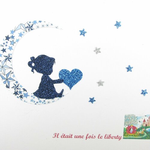 Appliqués thermocollants petite fille coeur lune tissu liberty adelajda bleu flex pailleté patch à repasser motif appliques liberty