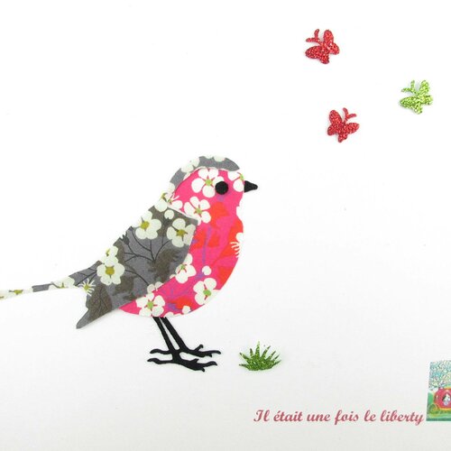 Applique thermocollant oiseau rouge-gorge tissu liberty mitsi gris et hot pink + flex pailleté patch à repasser patches iron on robin bird