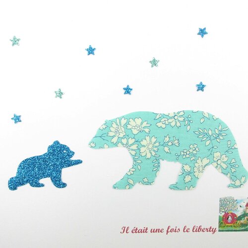 Appliqués thermocollants ours polaire (maman et bébé) tissu liberty capel mint flex pailleté patch à repasser motif teddy bear baby shower
