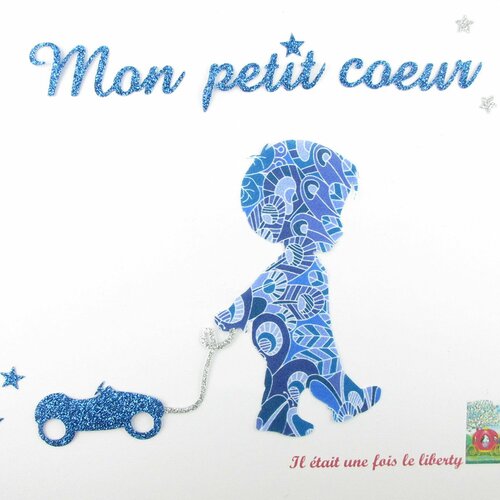 Appliqués thermocollants garçon bébé et voiture jouet "mon petit coeur" en tissu liberty eben bleu flex pailletés