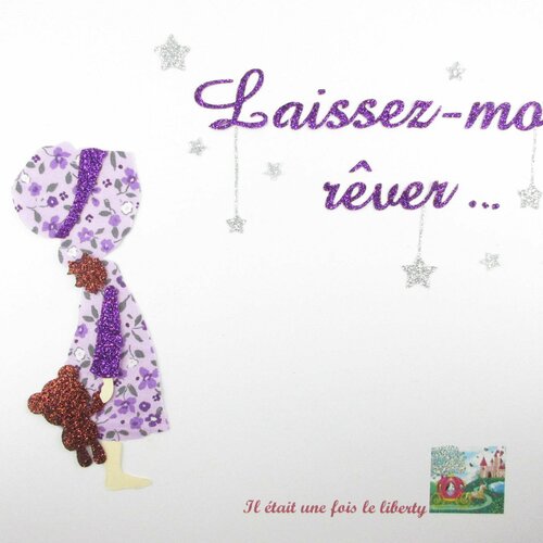 Appliqués thermocollants petite fille style sarah kay + message personnalisable (15 lettres max) tissu liberty violet flex pailletés.