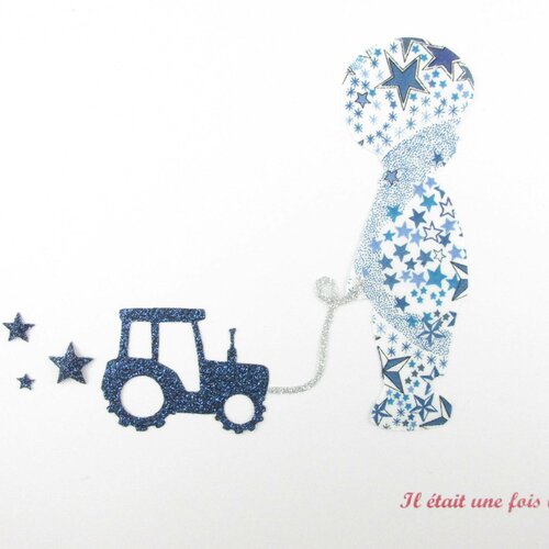 Appliqués thermocollants petit garçon et tracteur tissu liberty adelajda bleu flex pailleté motif thermocollant liberty applique tracteur