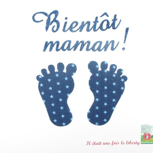 Appliqués thermocollants bientôt maman pieds de bébé tissu bleu marine étoilé flex pailleté patch à repasser maternité motif naissance