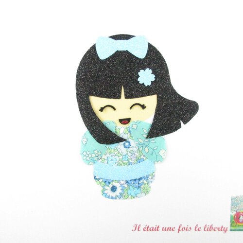 Appliqués thermocollants poupée japonaise kokeshi tissu liberty amélie bleu flex pailleté patch à repasser appliques liberty thermocollant
