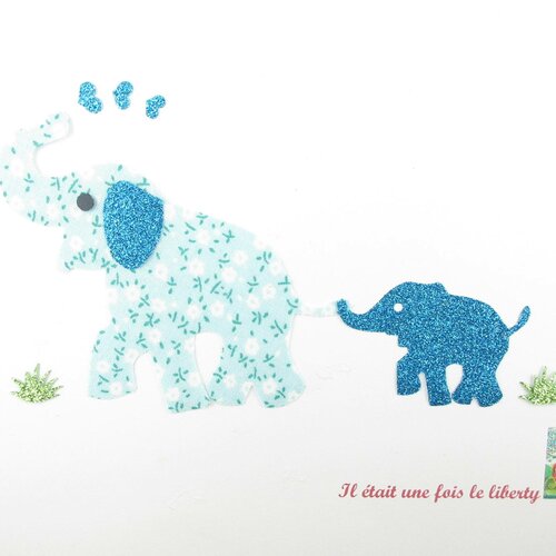 Patch à repasser appliqués thermocollants famille éléphants en imprimé liberty et flex pailleté applied fusible elephant family écusson