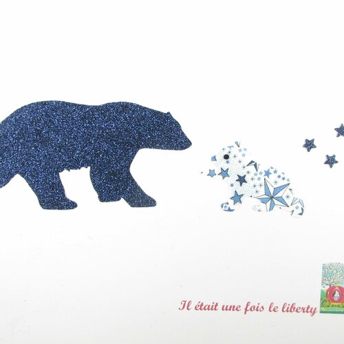 Appliqués thermocollants ours polaire (maman et bébé) tissu liberty adelajda bleu flex pailleté patch à repasser appliques liberty écussons