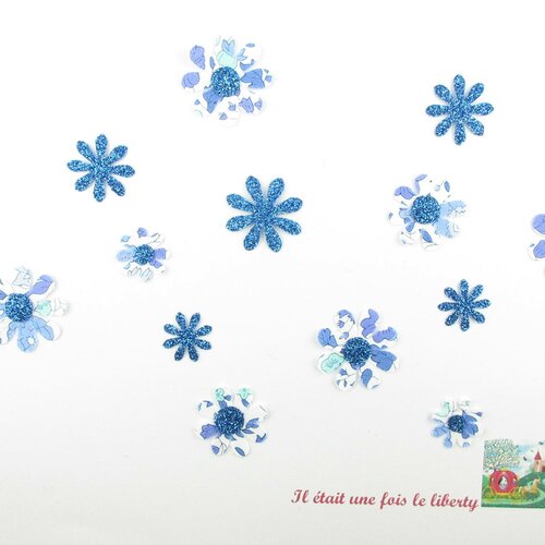 Appliqués thermocollants fleurs (13) tissu liberty d'anjo bleu flex pailleté motifs thermocollants 