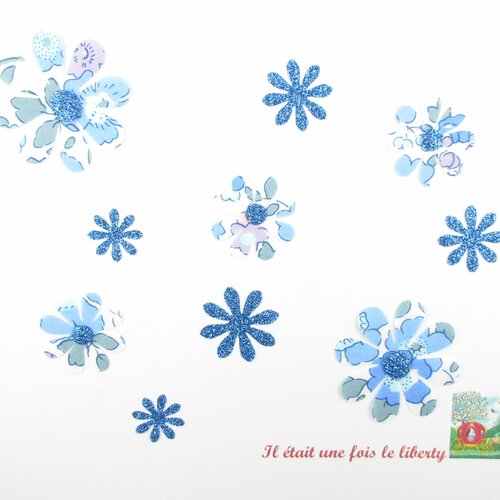 Appliqués thermocollants fleurs marguerites (10) en tissu liberty betsy bleu ciel  flex pailleté patch à repasser fleurs paillettes motifs