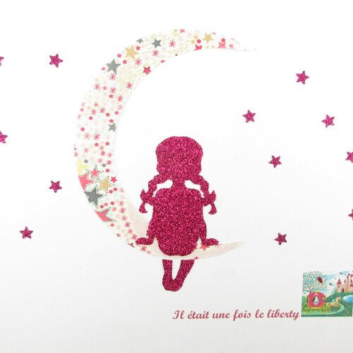 Patch à repasser appliqués thermocollants petite fille au clair de lune en liberty japonais adelajda rose (édition limitée), iron on liberty