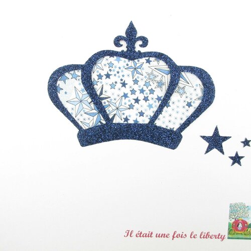 Appliqués thermocollants couronne médiévale roi reine tissu liberty adelajda bleu flex pailleté patch à repasser motif royauté écusson