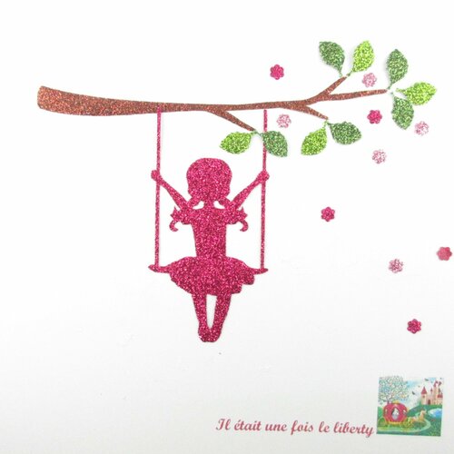 Appliqués thermocollants petite fille couettes branche feuilles sur une balançoire en flex pailletés arbre empreinte motifs à paillettes