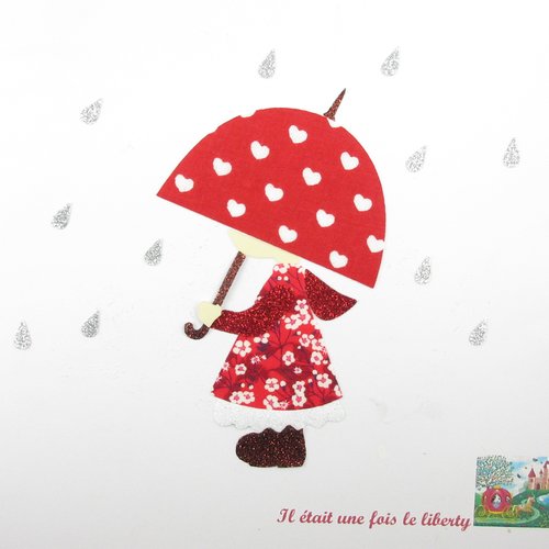 Appliqué thermocollant petite fille sous un parapluie en tissu liberty mitsi valeria rouge tissus pailletés patch à repasser