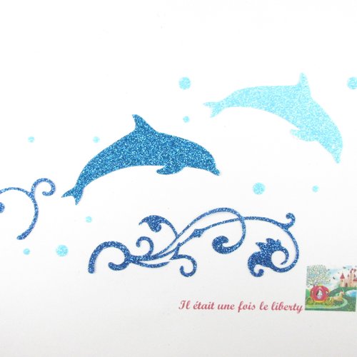 Appliqués thermocollants dauphins en tissus pailletés bleu, bleu ciel et turquoise patch à repasser motif écusson sans couture