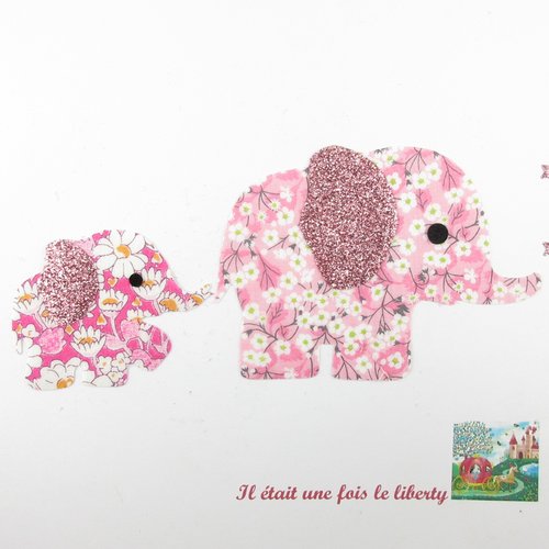 Appliqués thermocollants eléphants maman et bébé tissus liberty mitsi valeria rose et alice rose flex pailleté patch à repasser