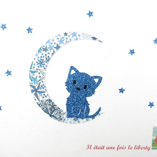 Appliqués thermocollants chat sur une lune en tissu liberty adelajda bleu flex pailleté (idéal pour petits textiles, carnets de santé