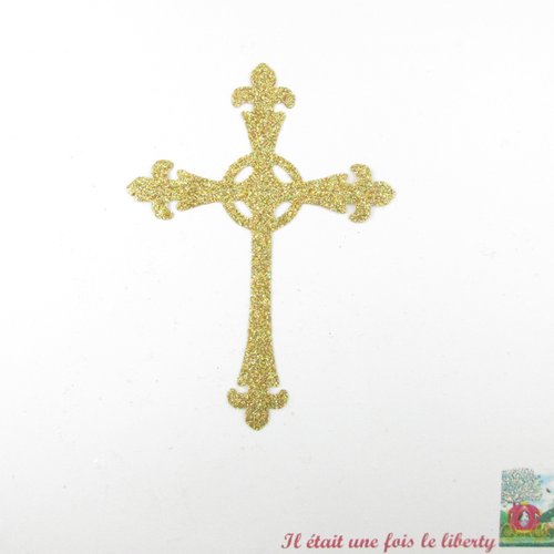 Appliqués thermocollants croix médiévale baptême communion tissu flex pailleté or patch à repasser