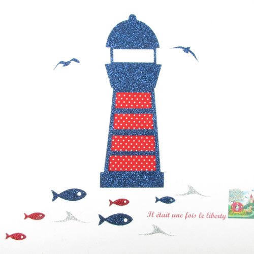 Appliqués thermocollants phare marin, mouettes, poissons en flex pailleté bleu marine et tissu rouge à pois