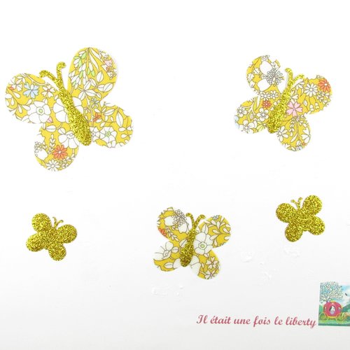 Appliqués thermocollants 5 papillons en tissu liberty june meadow jaune et flex pailleté jaune - personnalisable en coloris et tissus