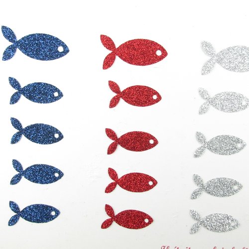 Appliqués thermocollants 15 poissons en friture en flex pailleté rouge, argent et bleu marine (coloris au choix)